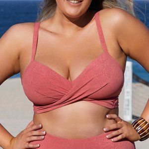 Cupshe Texture Wrap Plus Size Bikini Top - Deep Coral - Size XL